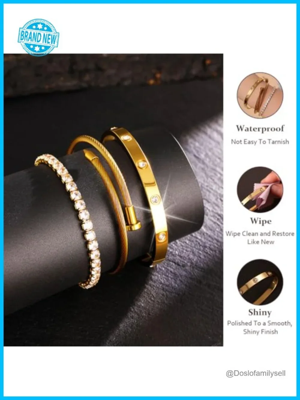 3Pack 18K Gold Plated Bangle Bracelet Stack Set Non Tarnish Stainless Steel